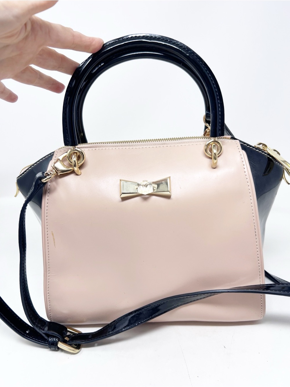 TED BAKER LONDON PETRA BOW SATCHEL PATENT TAN PINK LEATHER PURSE CROSSBODY